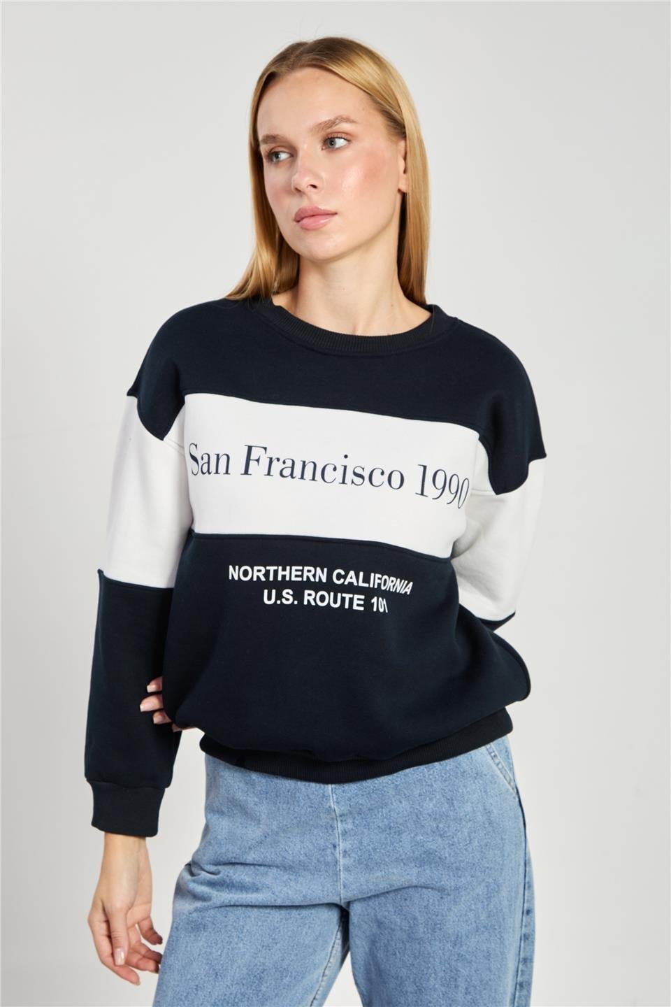 San Francisco yazılı garnili sweatshirt-83-241 - Lacivert/Ekru