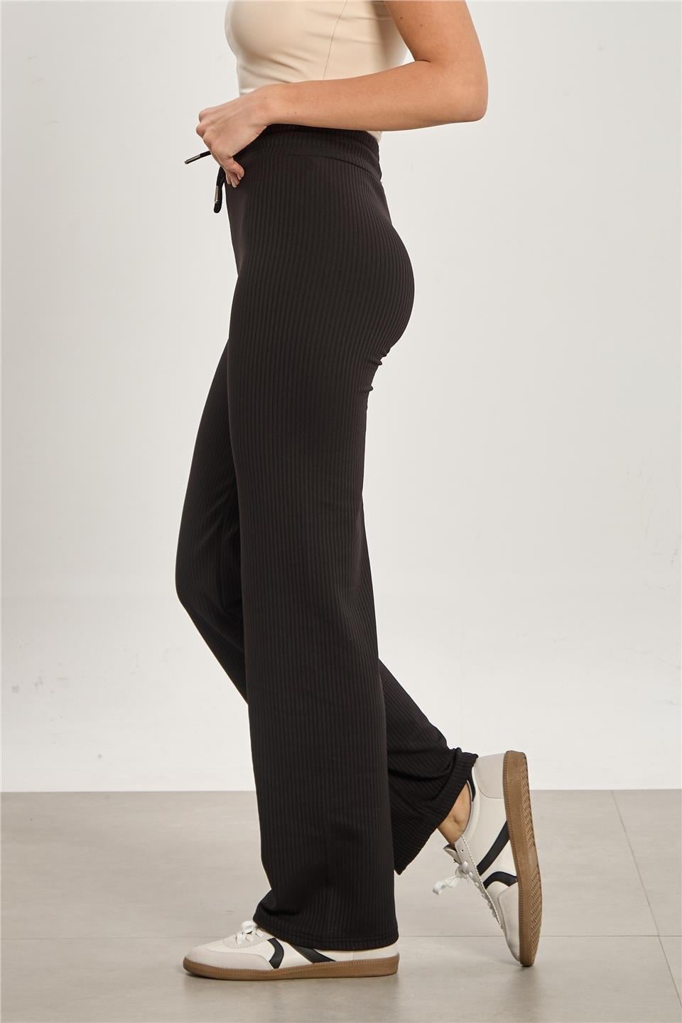 Şardonlu fitilli bol paça pantolon-2138 - Siyah