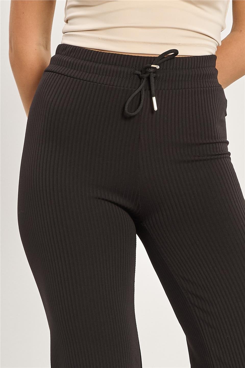 Şardonlu fitilli bol paça pantolon-2138 - Siyah