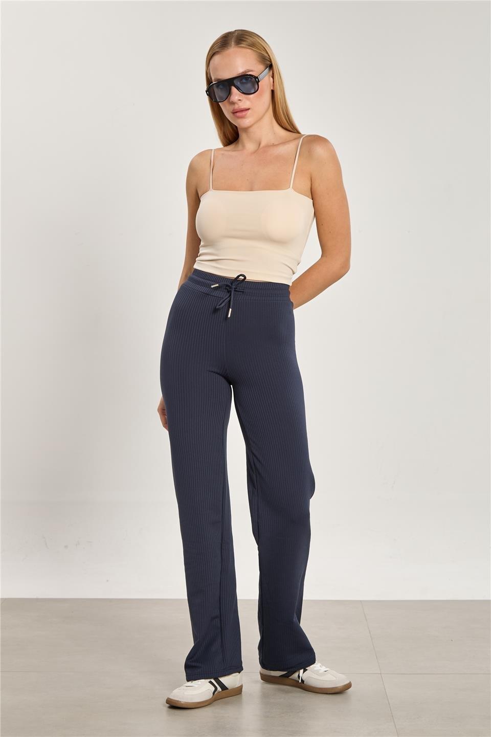 Şardonlu fitilli bol paça pantolon-2138 - Lacivert