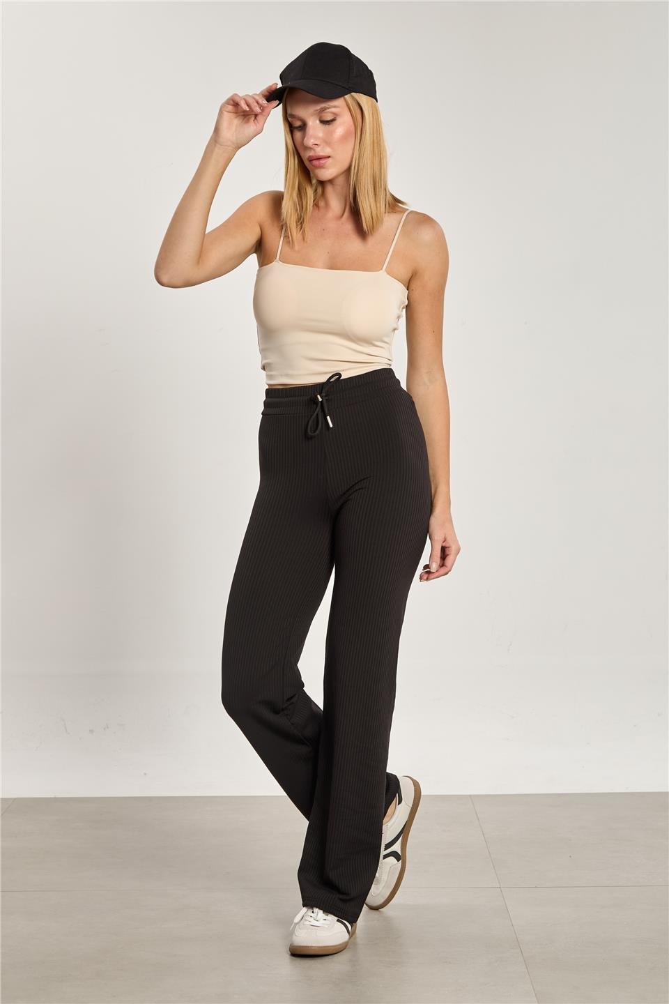 Şardonlu fitilli bol paça pantolon-2138 - Siyah