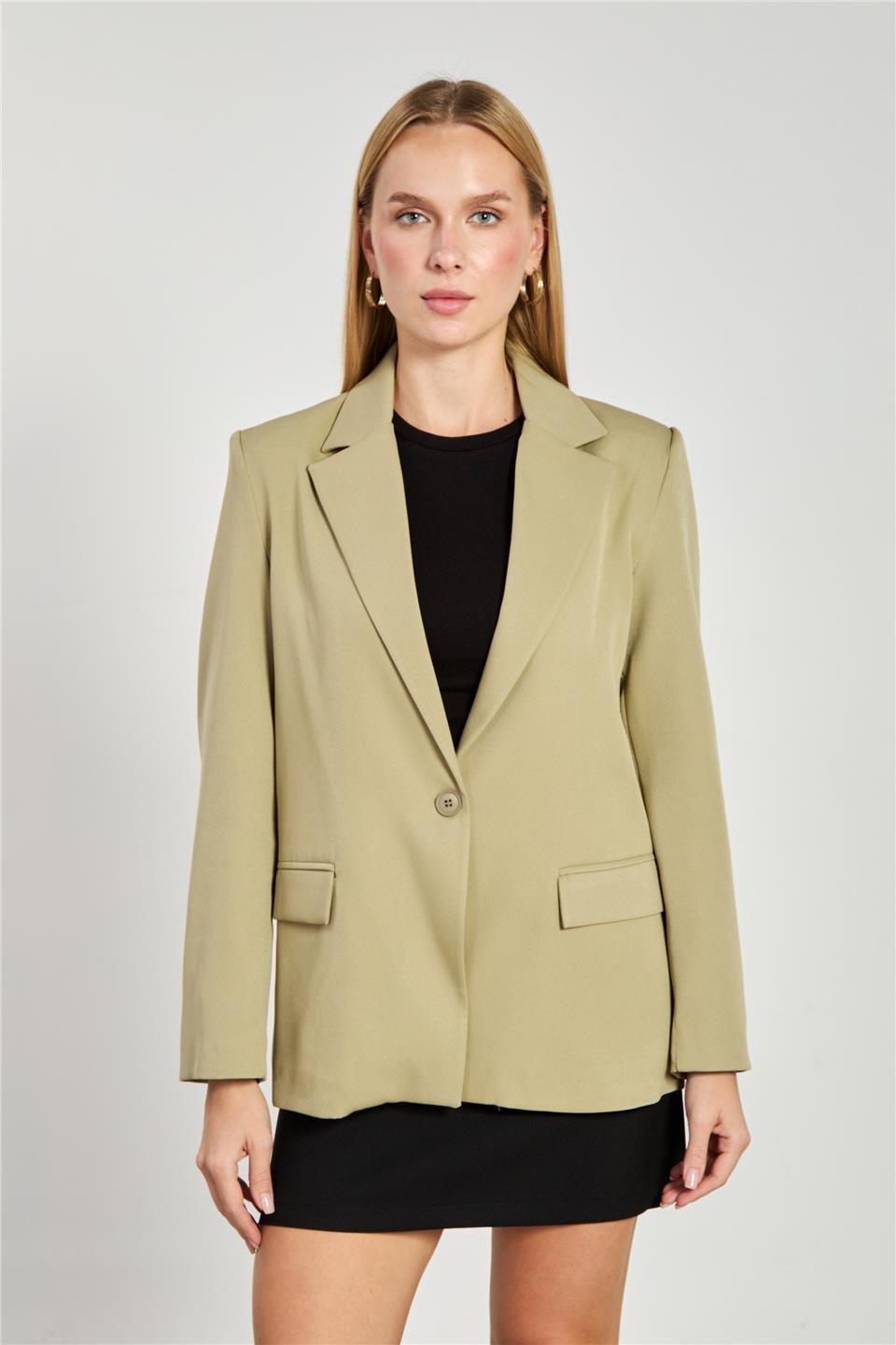 Tek düğmeli blazer ceket-2787 - Açık Haki