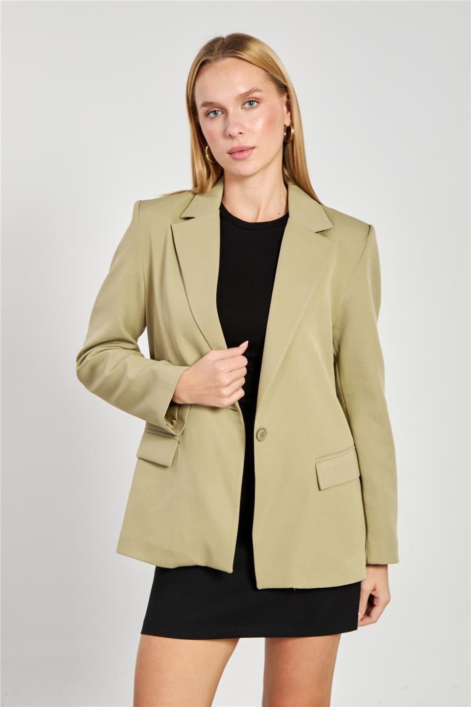 Tek düğmeli blazer ceket-2787 - Açık Haki