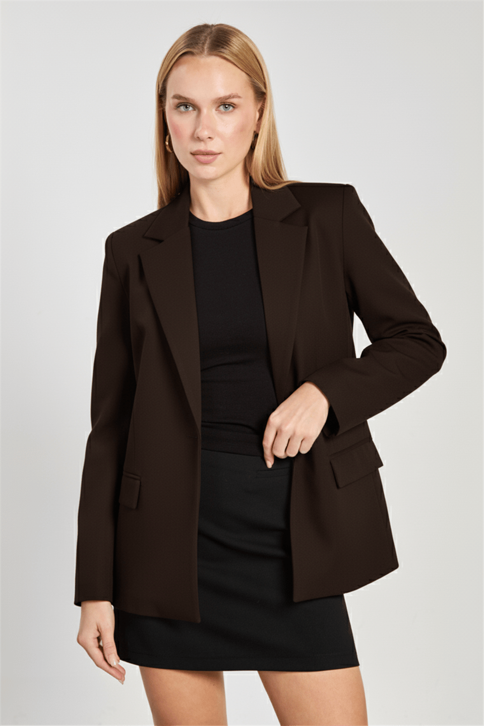 Tek düğmeli blazer ceket-2787 - Kahve