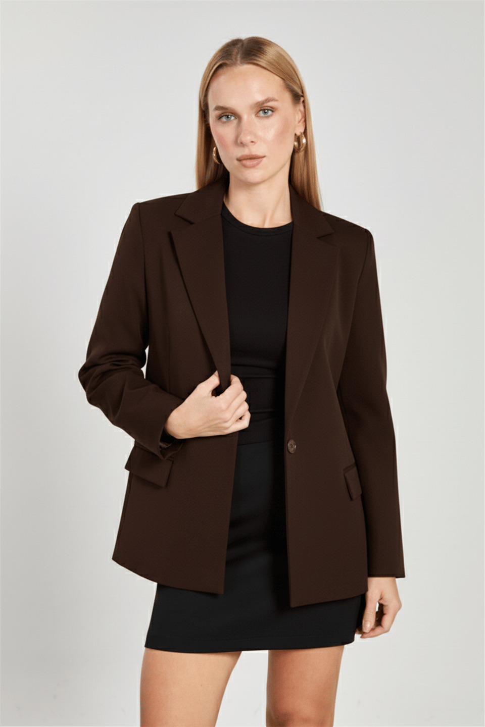 Tek düğmeli blazer ceket-2787 - Kahve