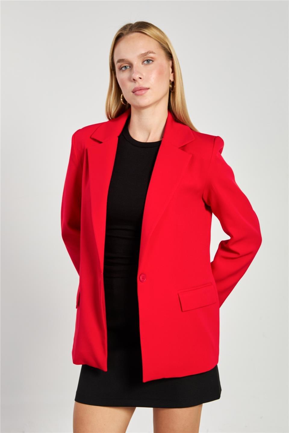 Tek düğmeli blazer ceket-2787 - Kırmızı