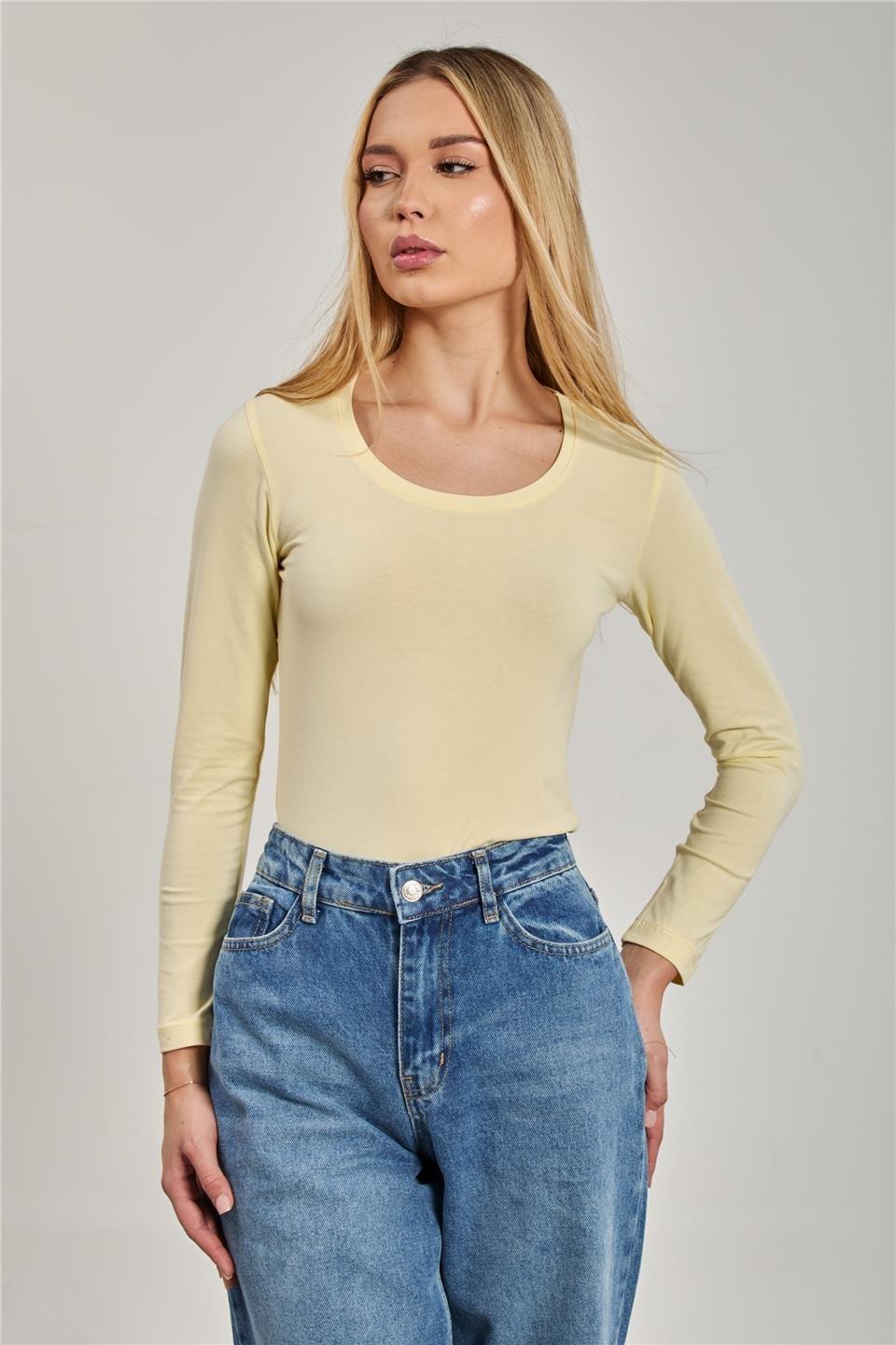 U yaka uzun kol body-K652 - Açık Sarı