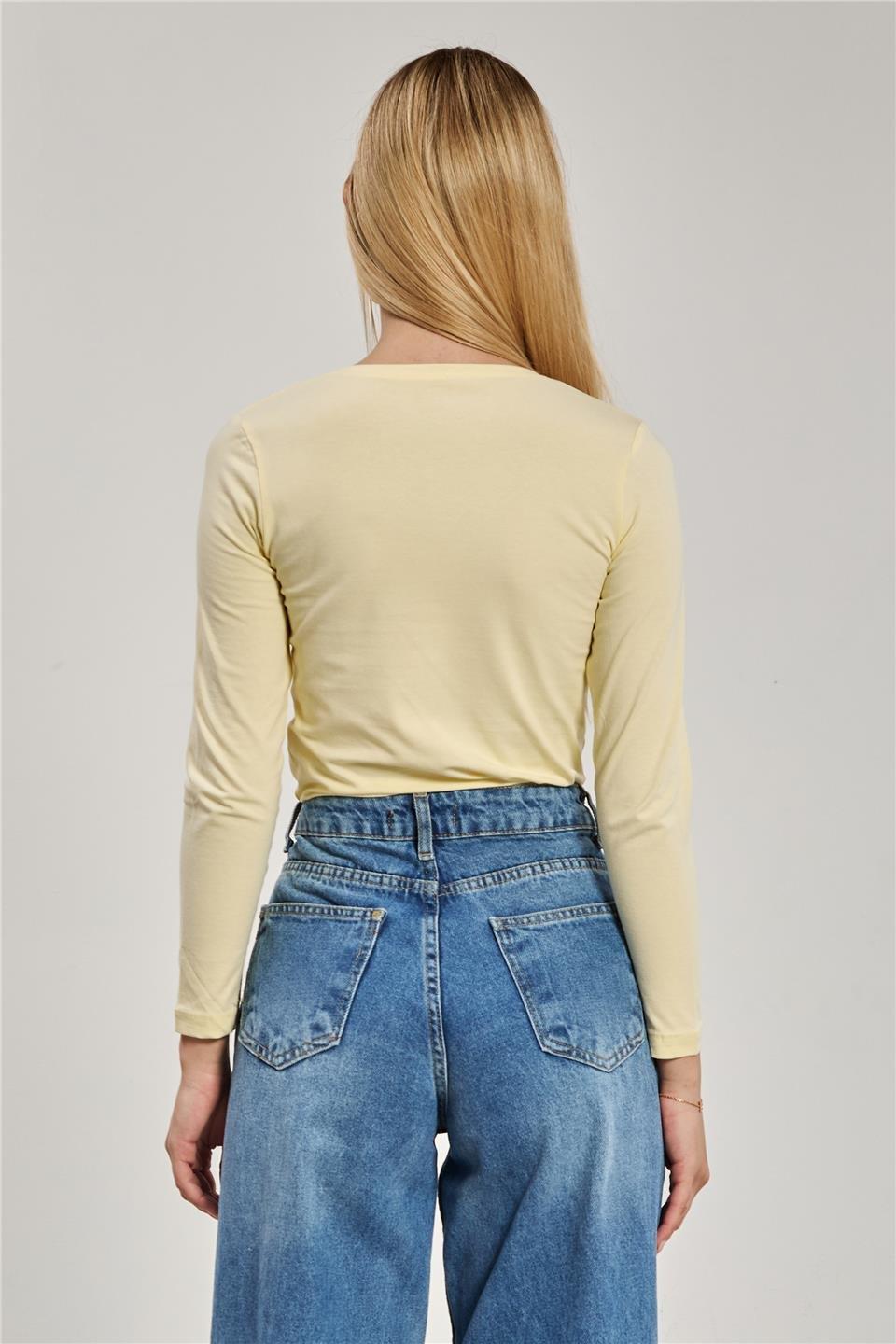 U yaka uzun kol body-K652 - Açık Sarı