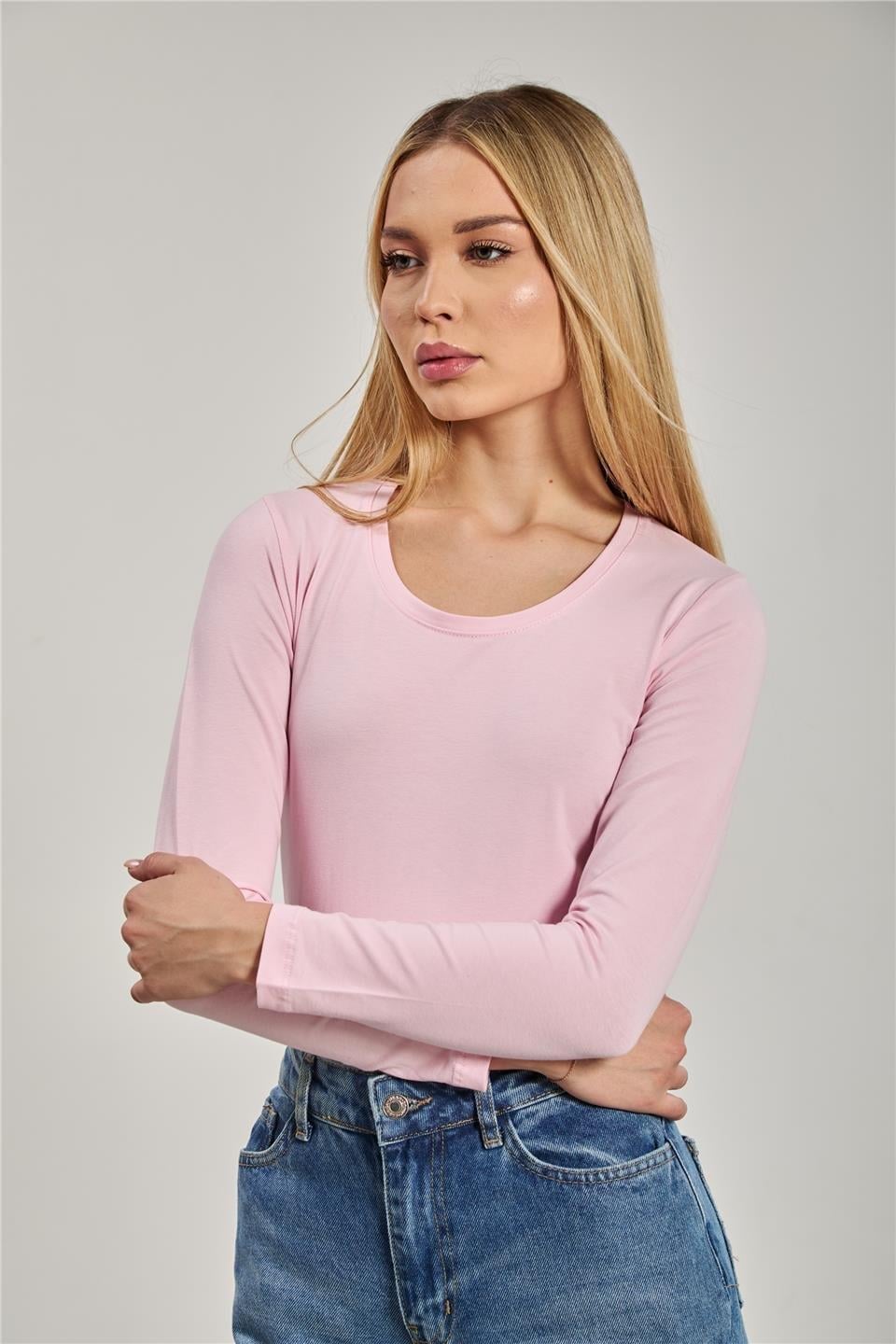 U yaka uzun kol body-K652 - Pembe