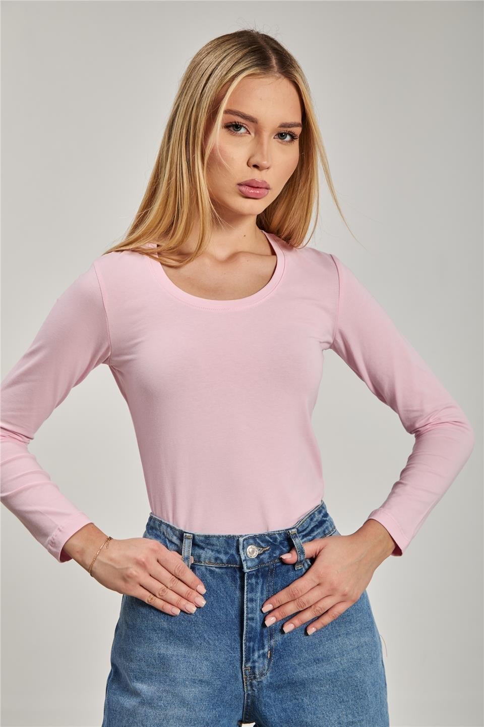 U yaka uzun kol body-K652 - Pembe