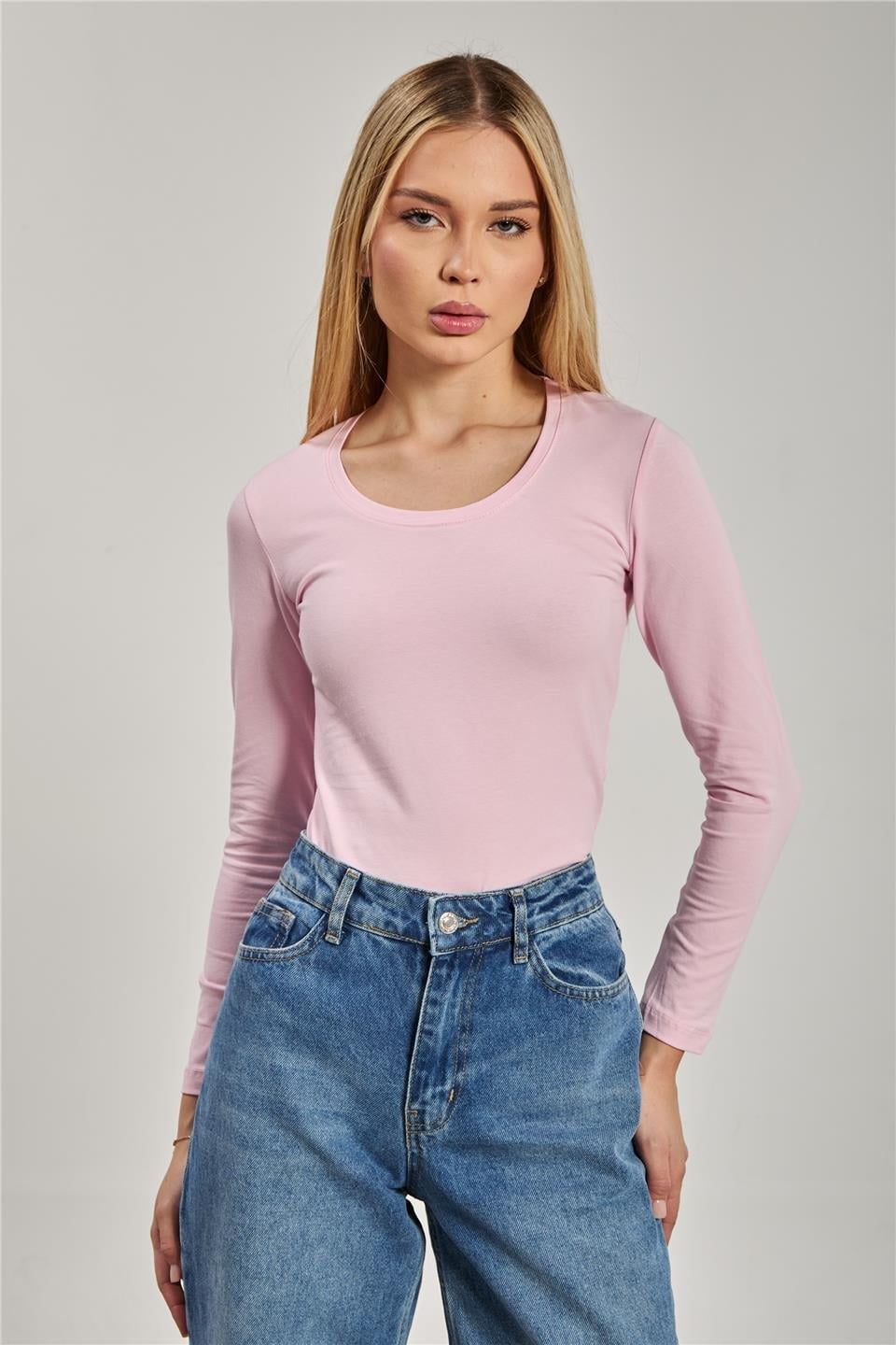 U yaka uzun kol body-K652 - Pembe