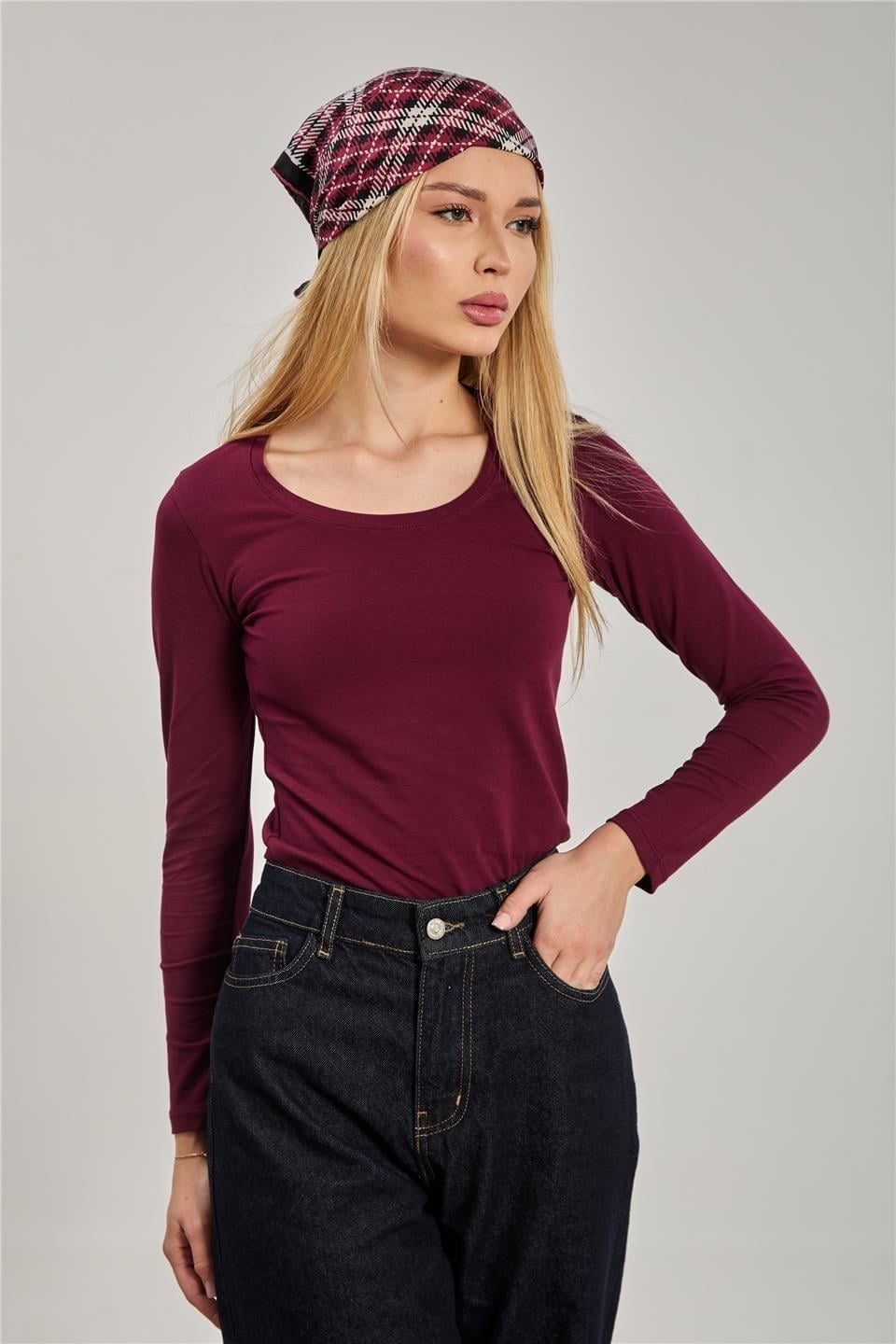U yaka uzun kol body-K652 - Vişne