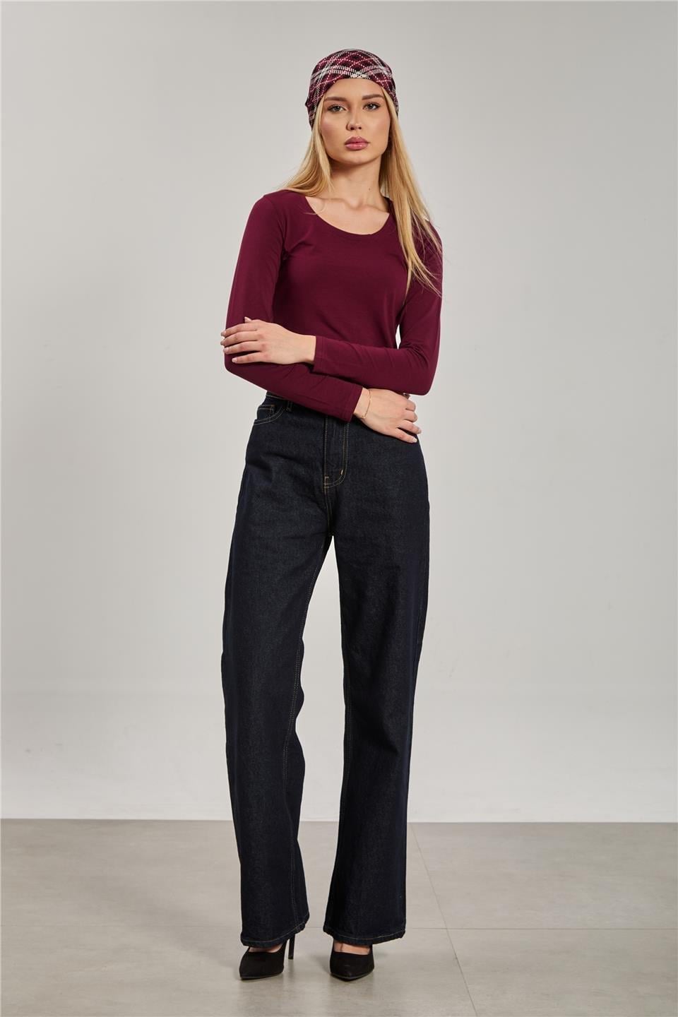 U yaka uzun kol body-K652 - Vişne