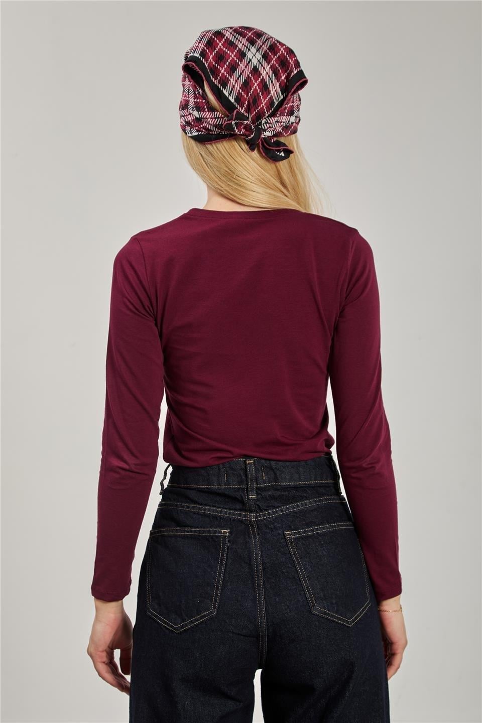U yaka uzun kol body-K652 - Vişne