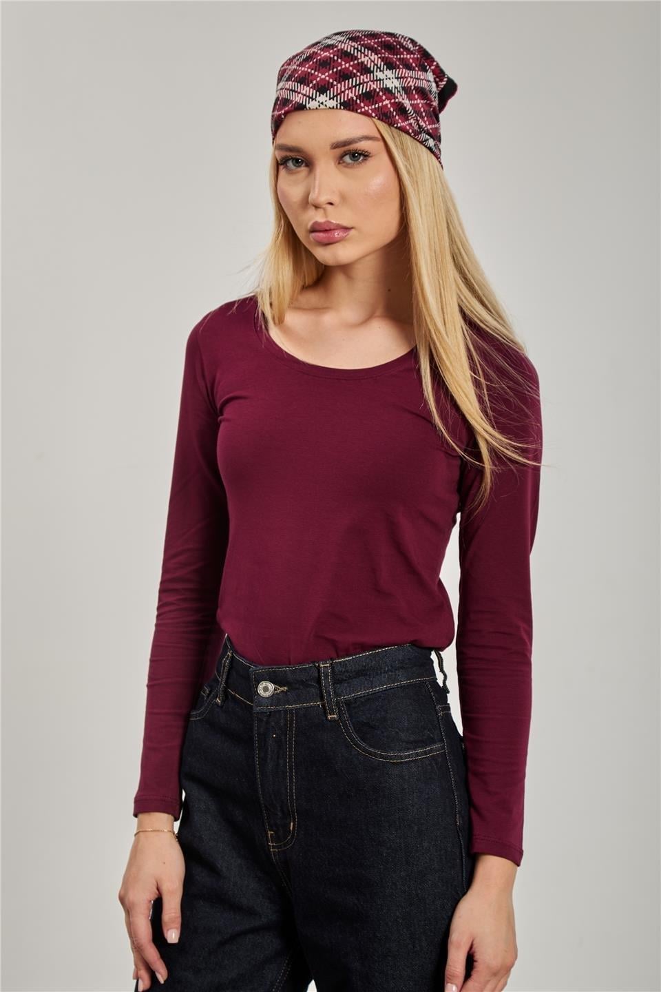 U yaka uzun kol body-K652 - Vişne