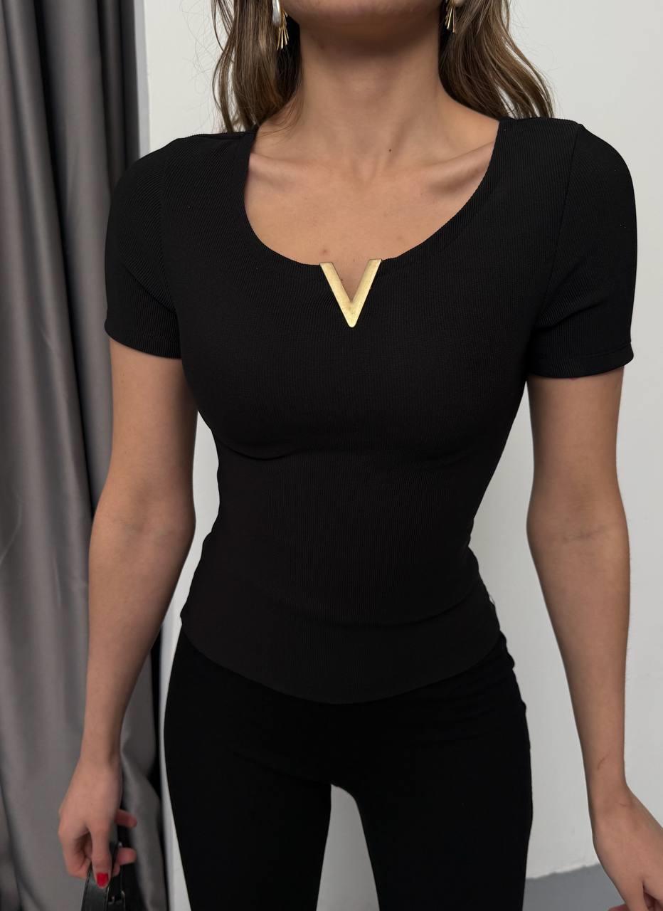 V YAKA AKSESUAR DETAY CROP-2435 - SİYAH