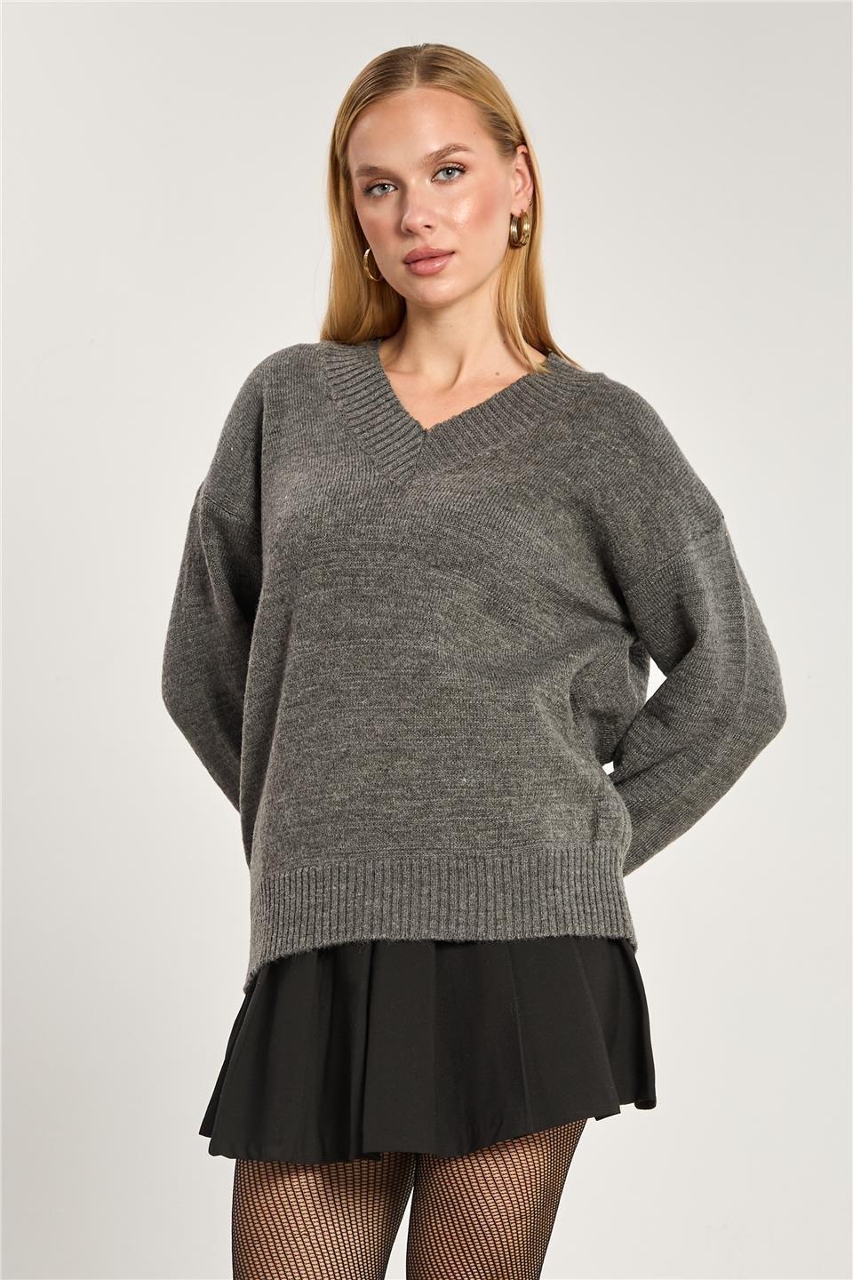 V yaka oversize triko kazak-1674 - Antrasit