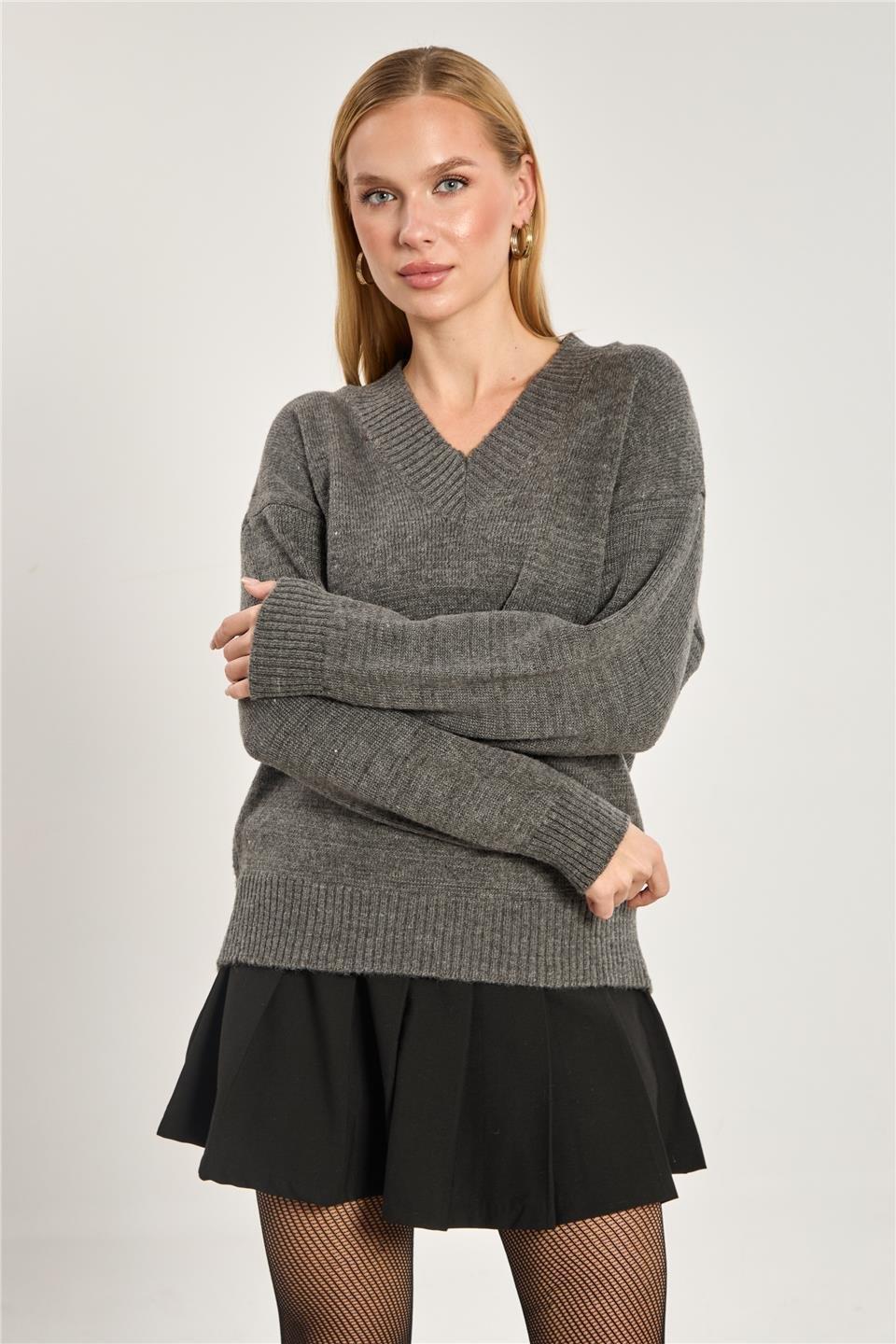 V yaka oversize triko kazak-1674 - Antrasit