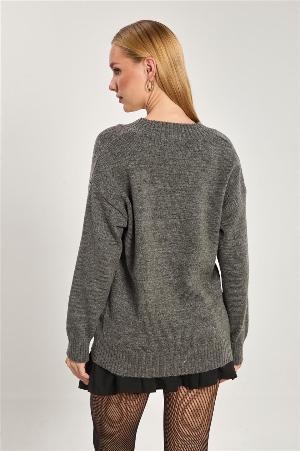 V yaka oversize triko kazak-1674 - Antrasit