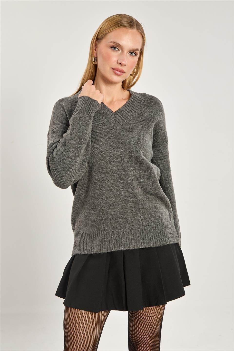 V yaka oversize triko kazak-1674 - Antrasit