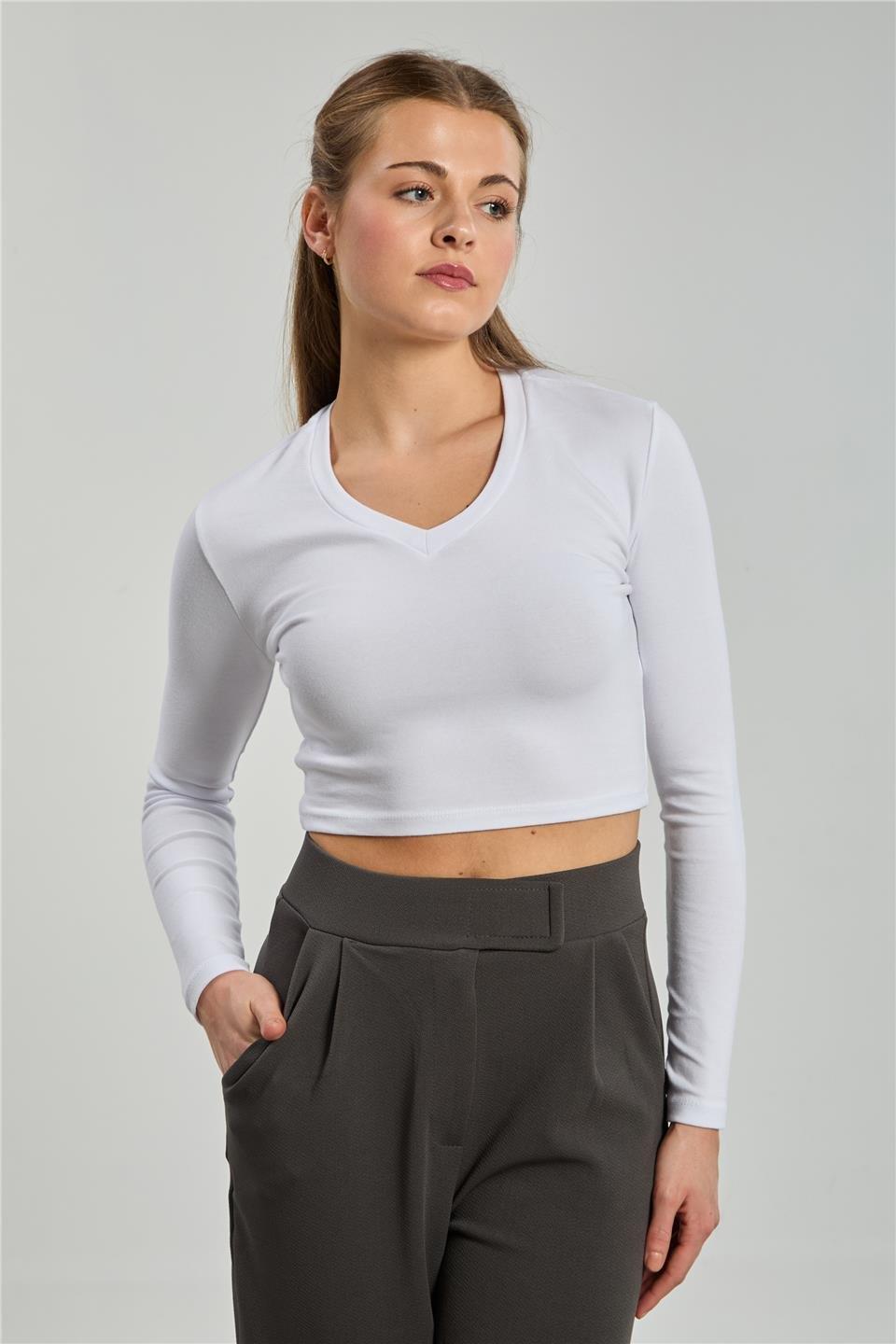 V yaka uzun kol body-4455 - Beyaz