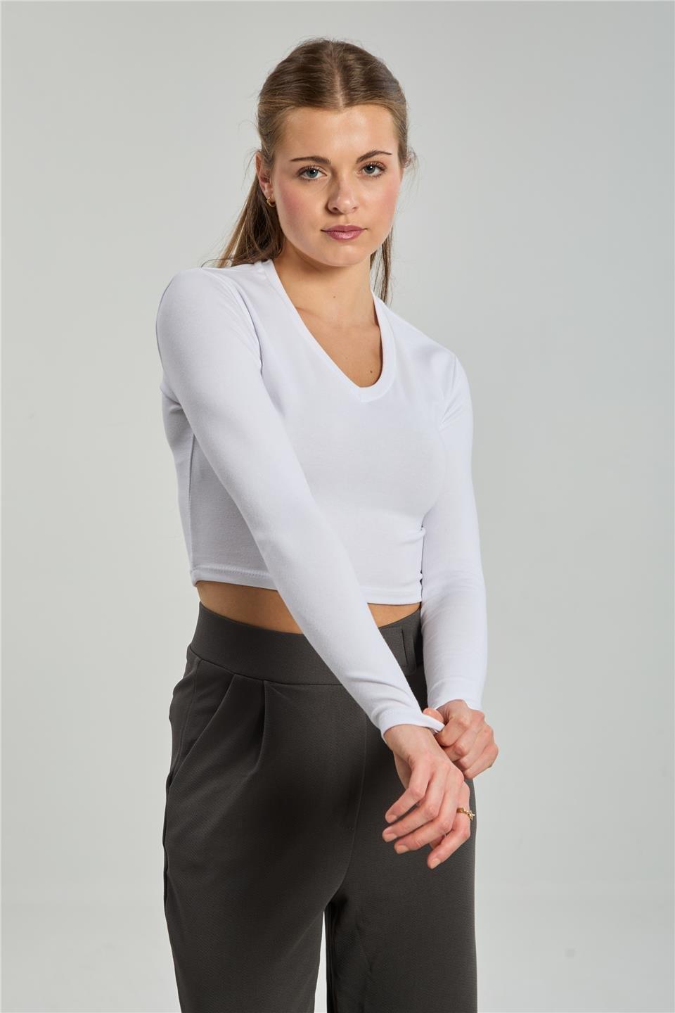 V yaka uzun kol body-4455 - Beyaz