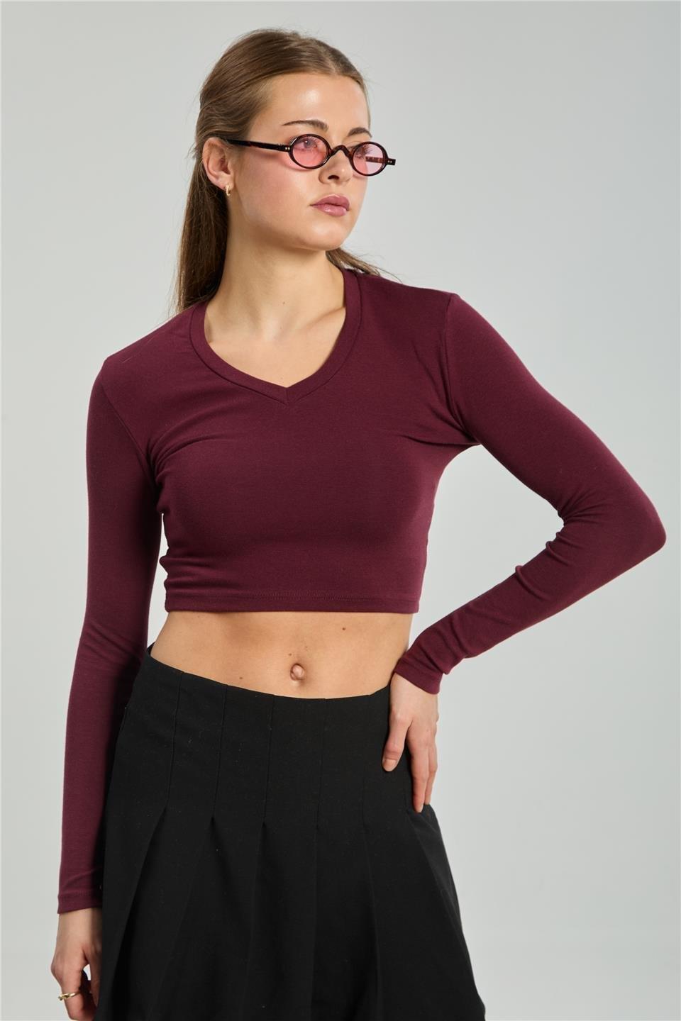 V yaka uzun kol body-4455 - Bordo