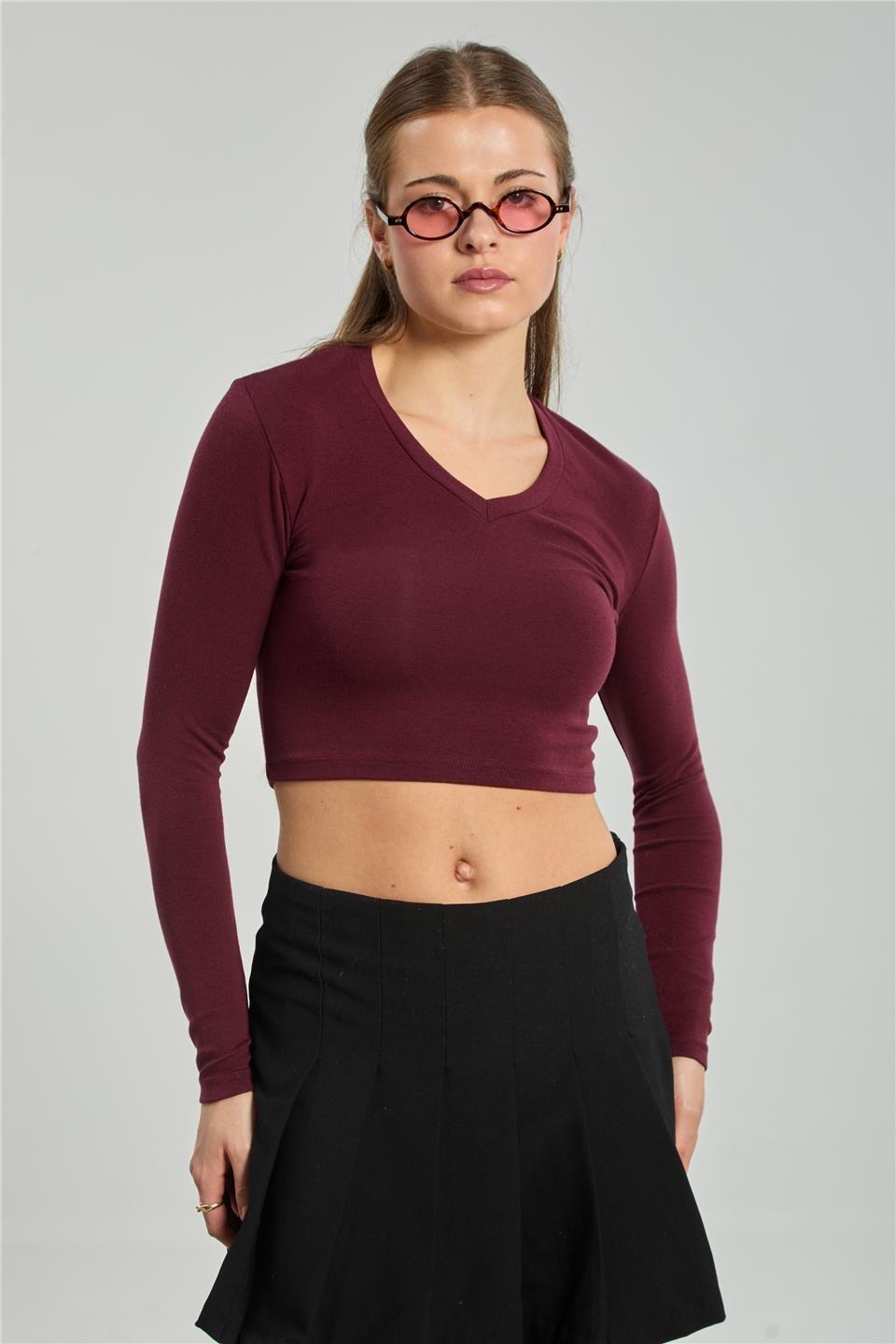 V yaka uzun kol body-4455 - Bordo