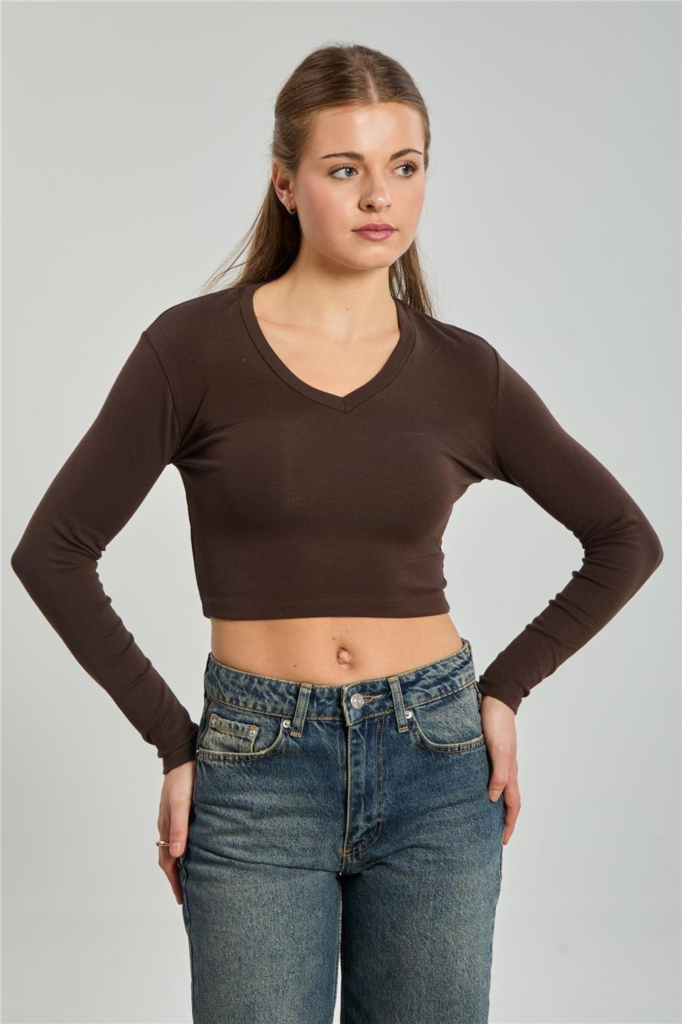 V yaka uzun kol body-4455 - Kahve