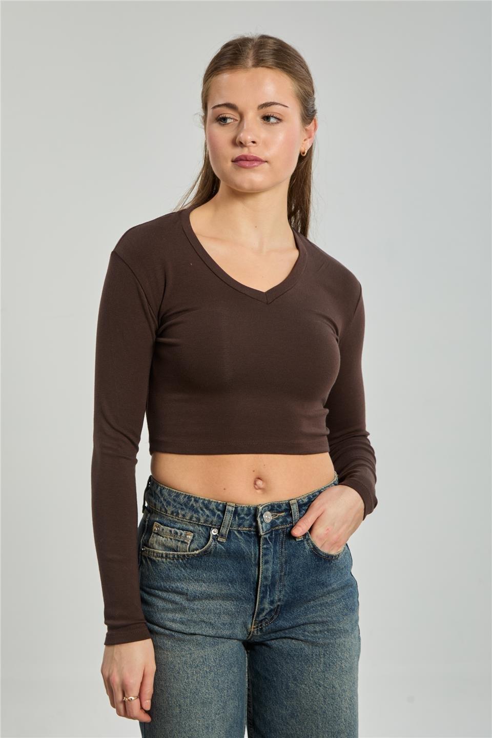V yaka uzun kol body-4455 - Kahve