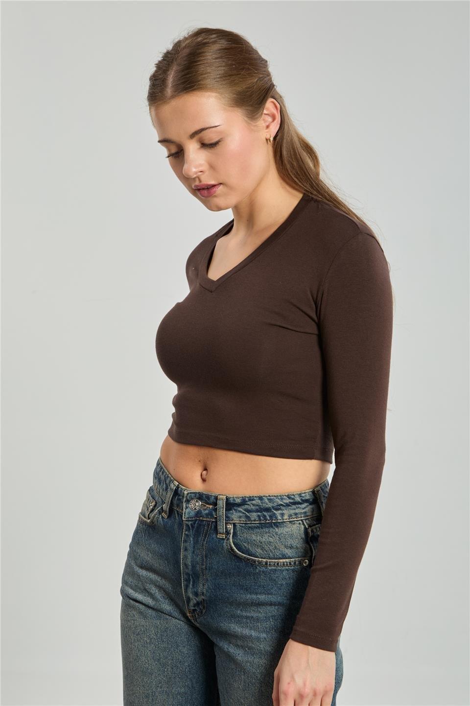 V yaka uzun kol body-4455 - Kahve