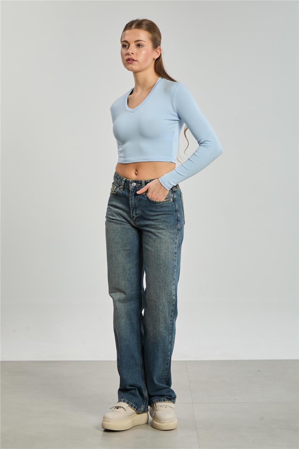 V yaka uzun kol body-4455 - Mavi