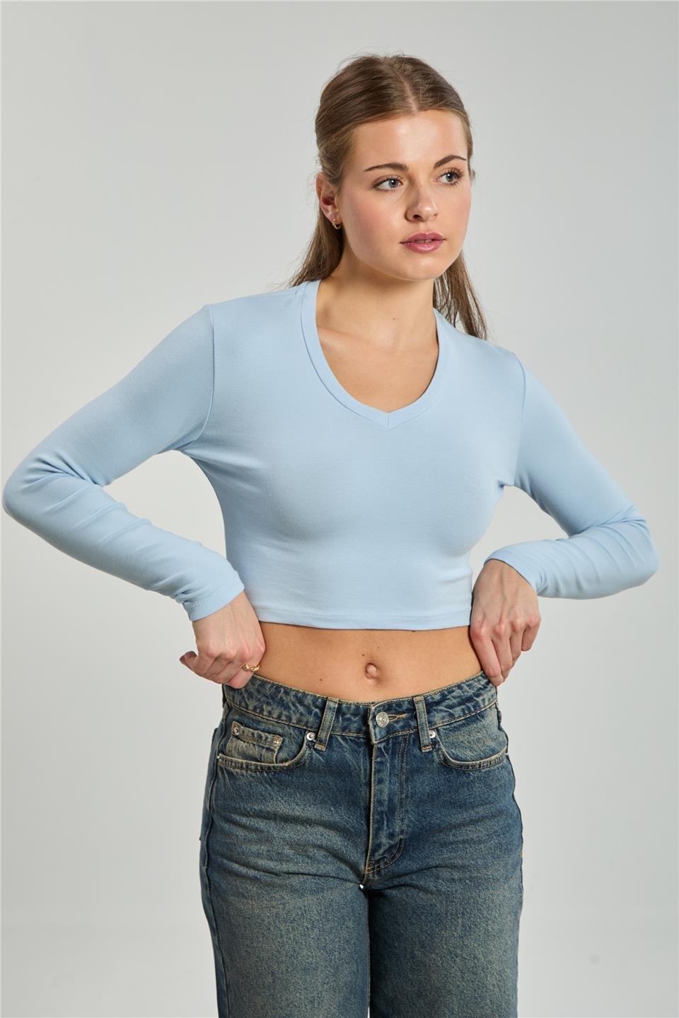 V yaka uzun kol body-4455 - Mavi