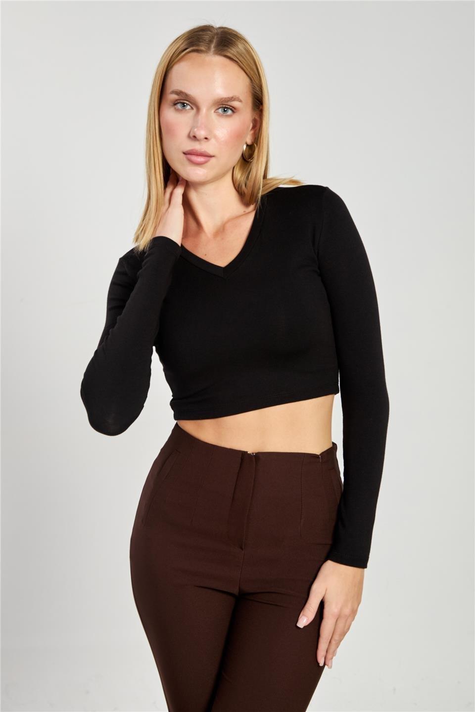 V yaka uzun kol body-4455 - Siyah
