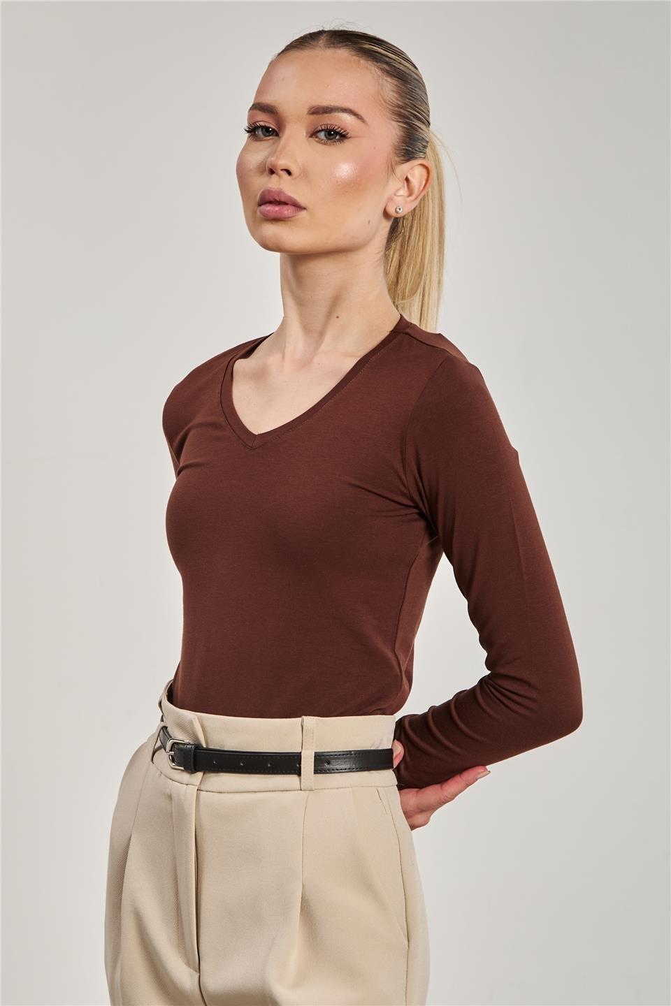 V yaka uzun kollu body-151 - Acı Kahve