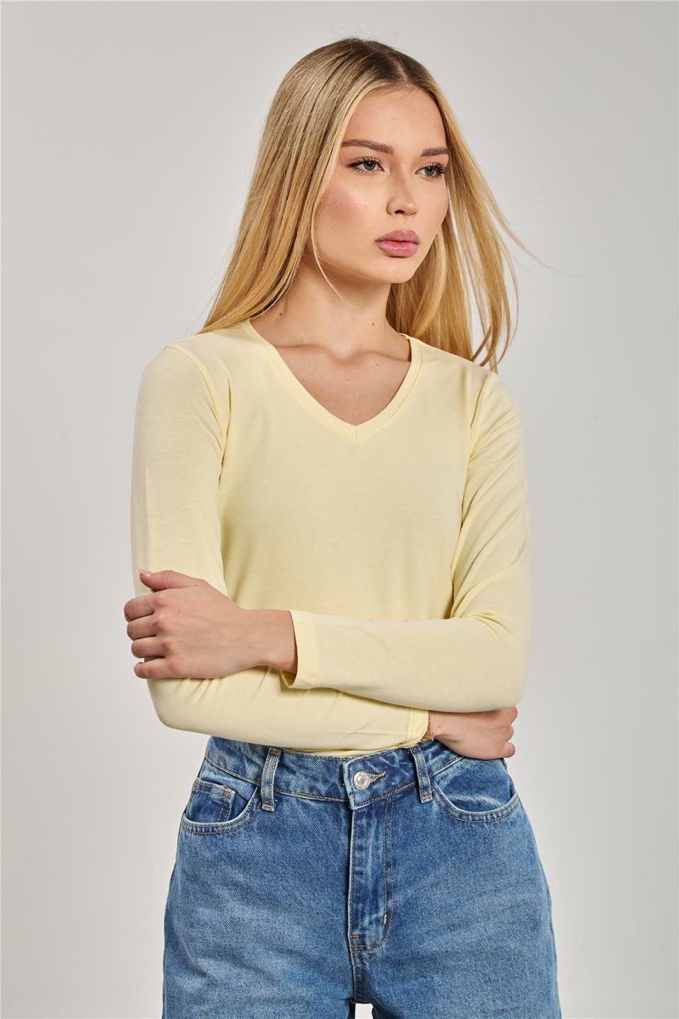 V yaka uzun kollu body-151 - Açık Sarı