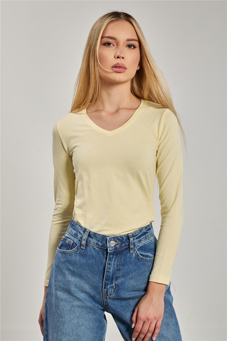 V yaka uzun kollu body-151 - Açık Sarı
