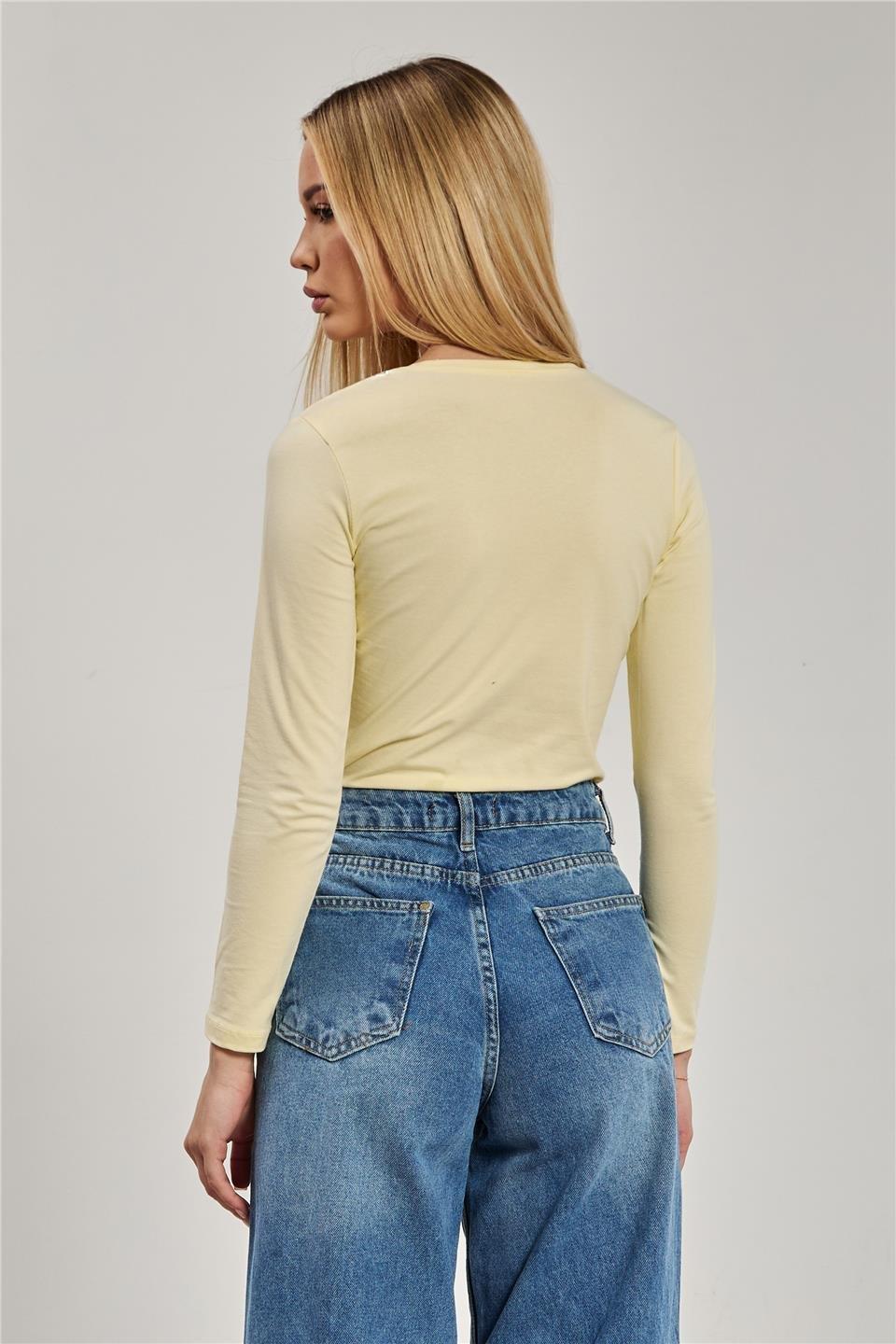 V yaka uzun kollu body-151 - Açık Sarı