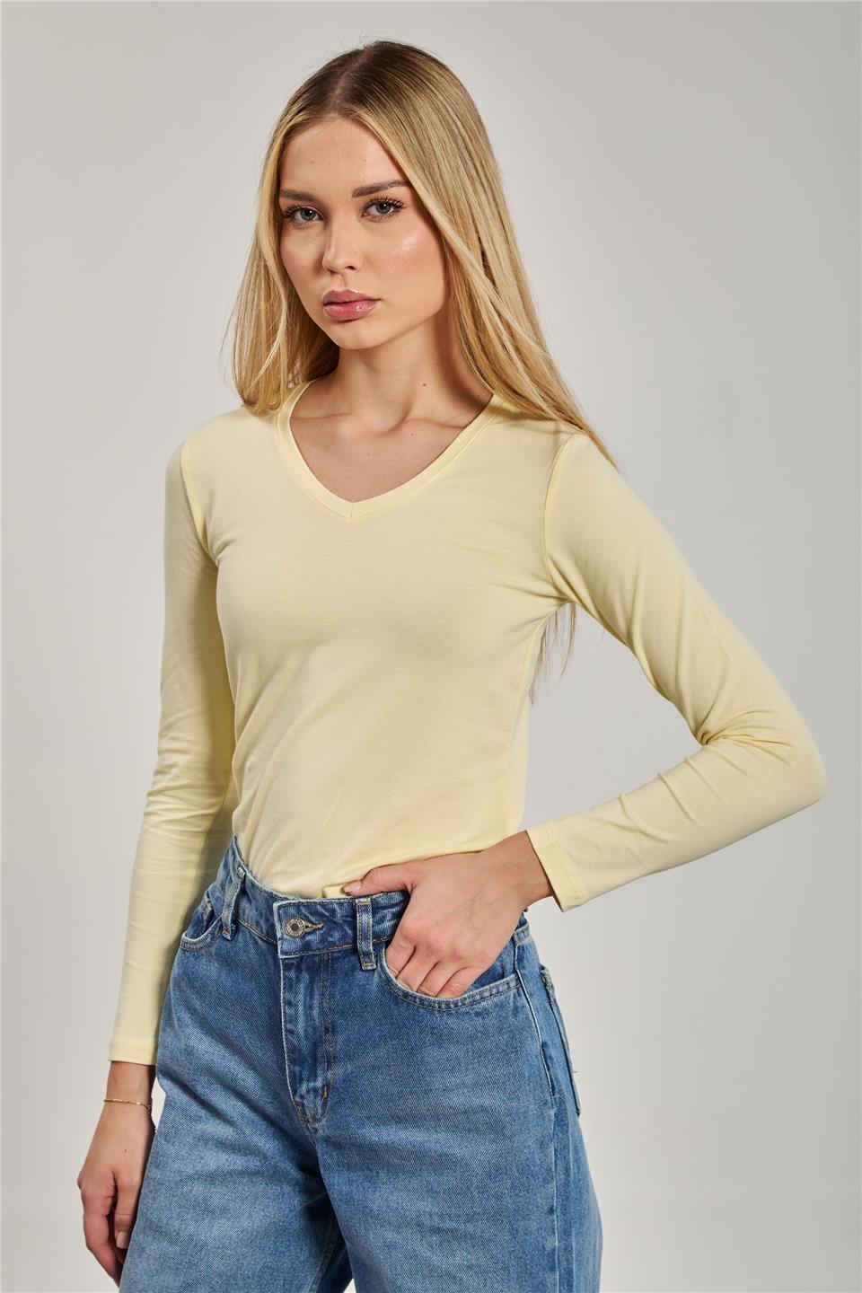 V yaka uzun kollu body-151 - Açık Sarı