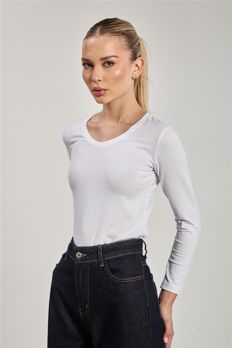 V yaka uzun kollu body-151 - Beyaz