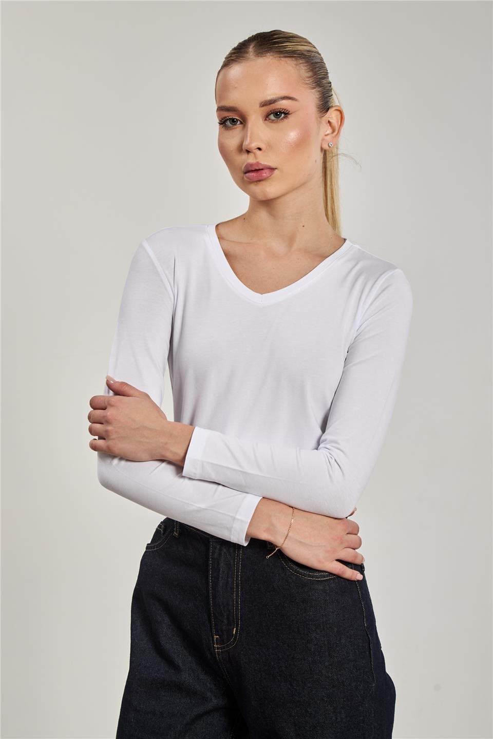V yaka uzun kollu body-151 - Beyaz