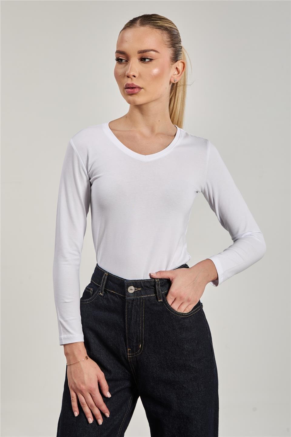 V yaka uzun kollu body-151 - Beyaz