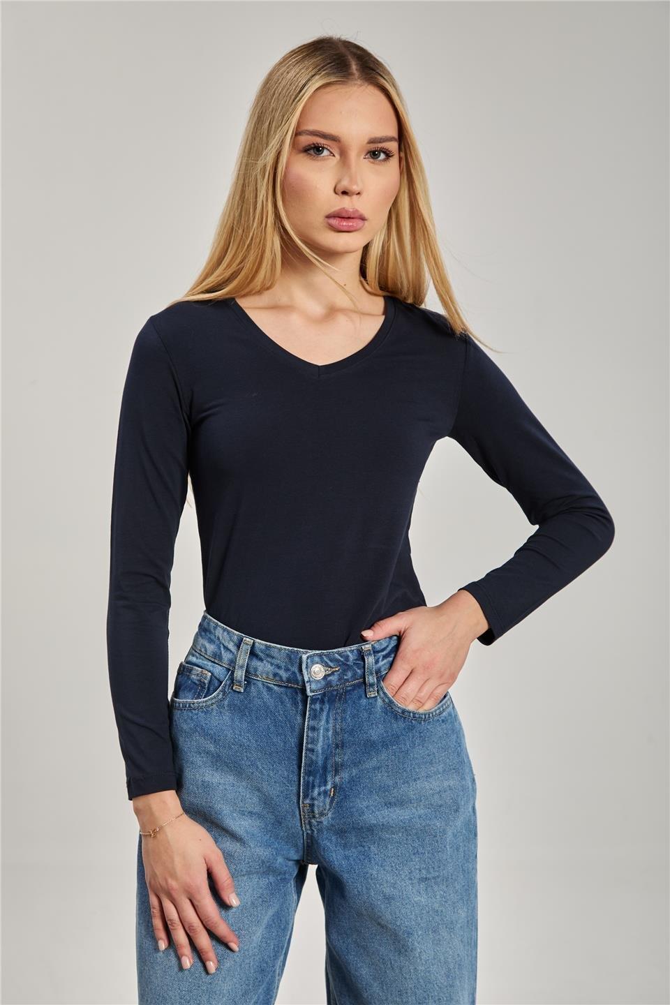 V yaka uzun kollu body-151 - Lacivert