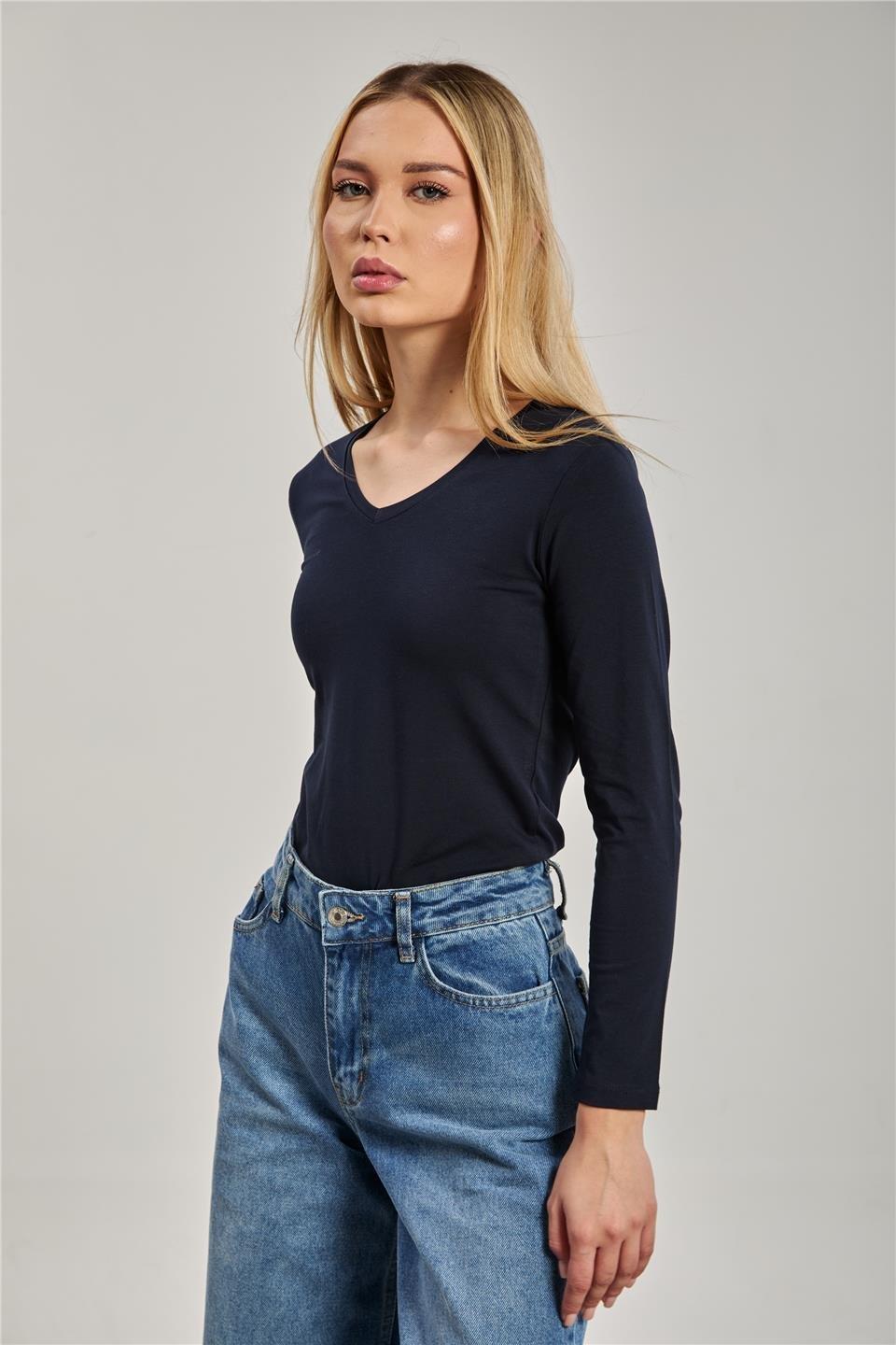 V yaka uzun kollu body-151 - Lacivert