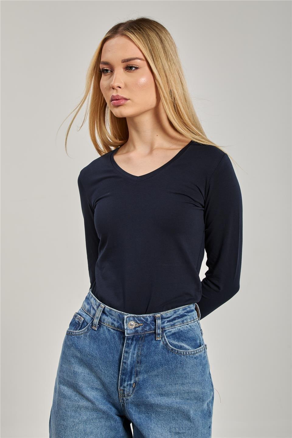 V yaka uzun kollu body-151 - Lacivert