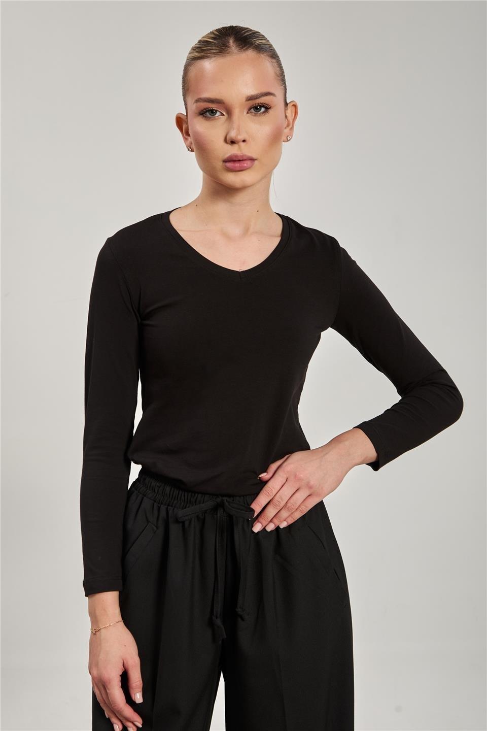 V yaka uzun kollu body-151 - Siyah