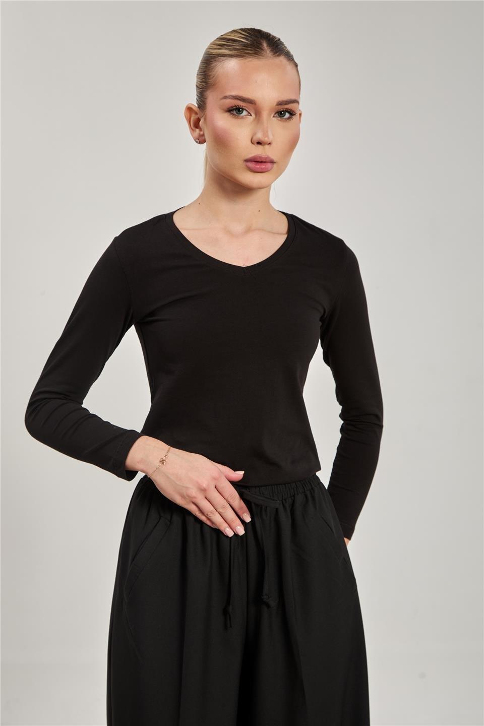 V yaka uzun kollu body-151 - Siyah