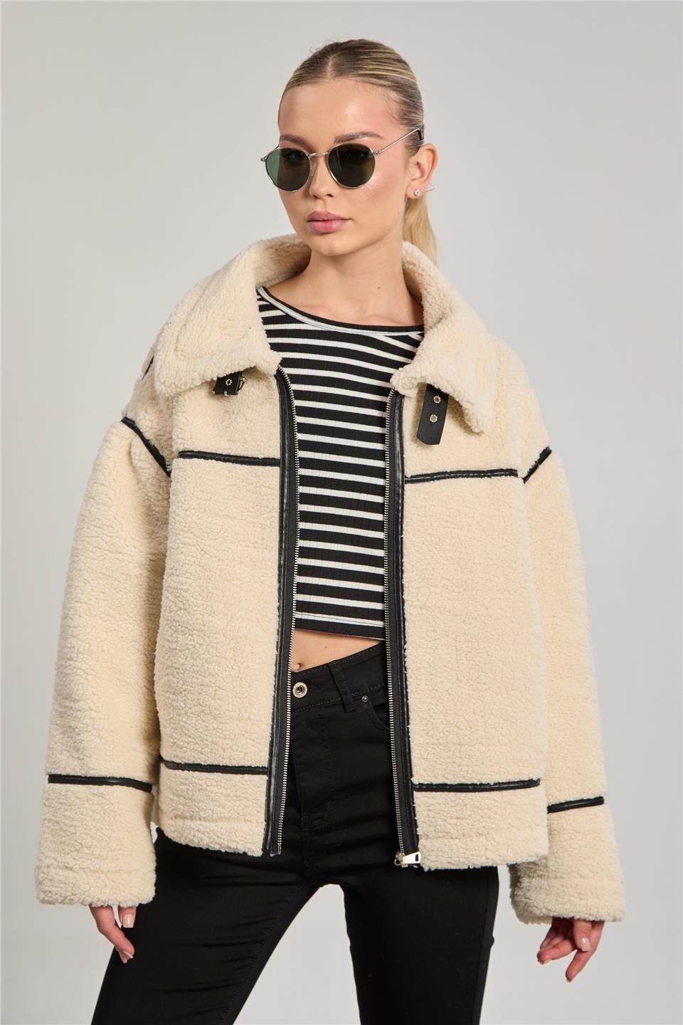 Welsoft deri detaylı mont-2370 - Ekru