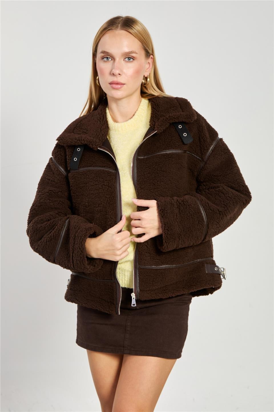 Welsoft deri detaylı mont-2370 - Kahve