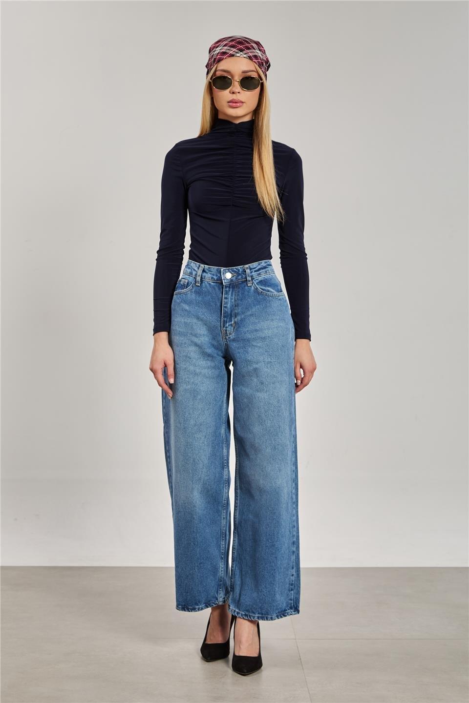 Wide leg jean pantolon-3530 - Açık Mavi